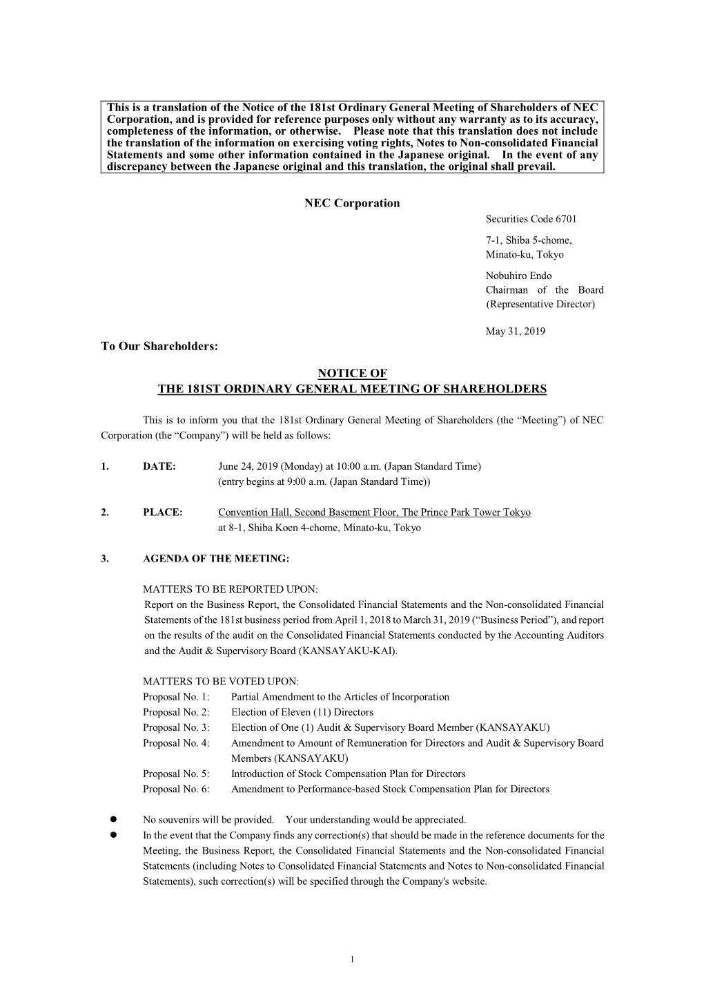 Notice of the 181St Ordinary General Meeting Of