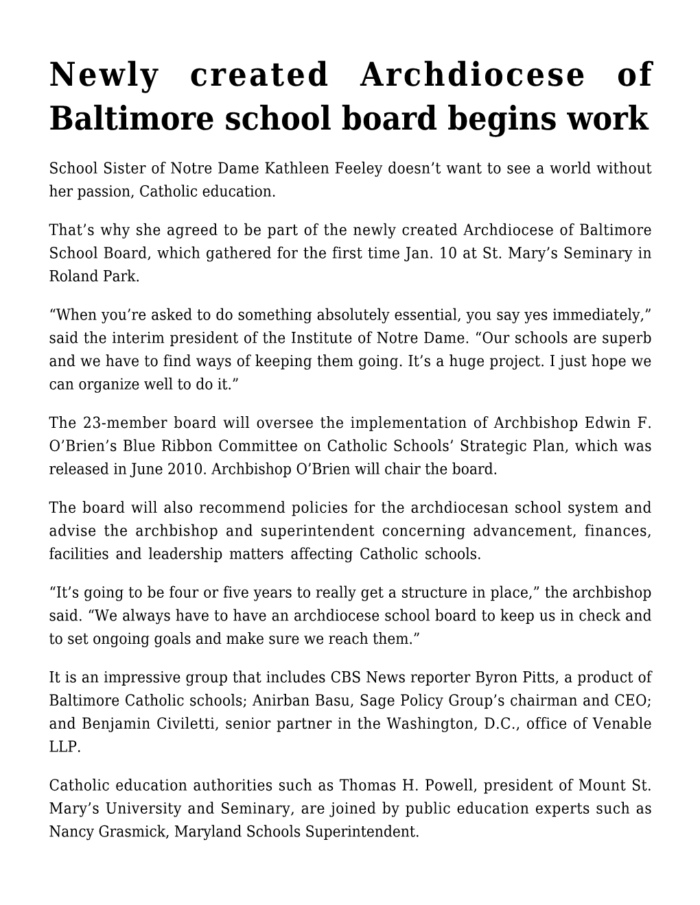 Newly Created Archdiocese of Baltimore School Board Begins Work