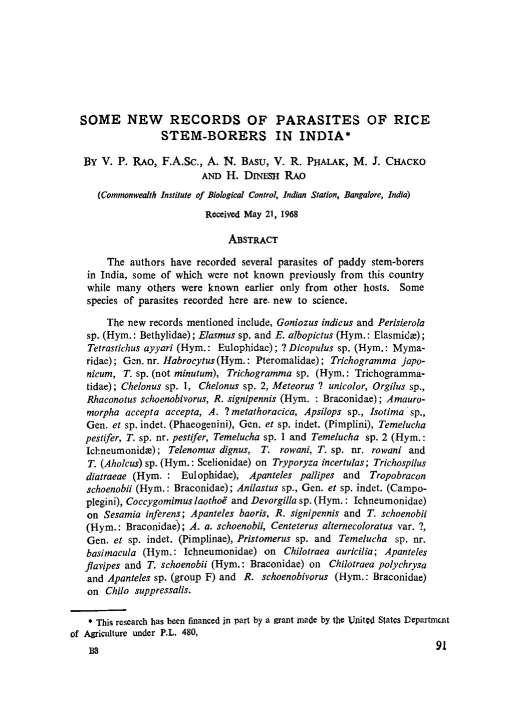 Some New Records of Parasites of Rice Stem-Borers in India*