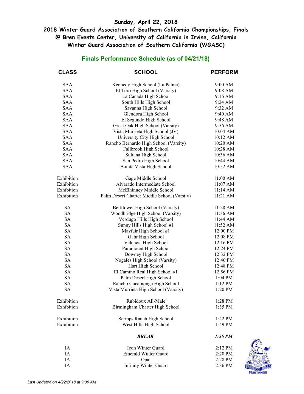 Finals Performance Schedule (As of 04/21/18)