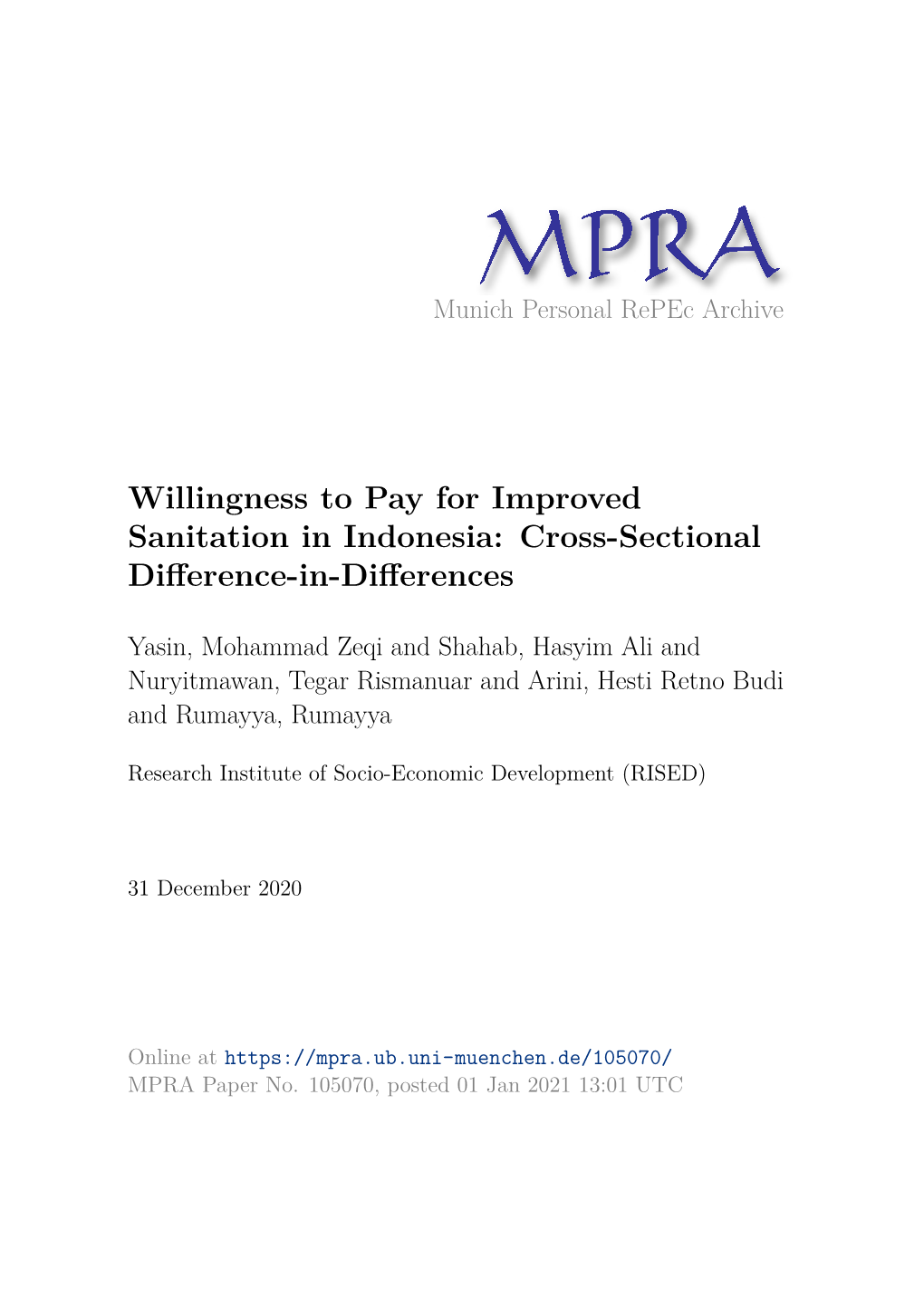 Willingness to Pay for Improved Sanitation in Indonesia: Cross-Sectional Diﬀerence-In-Diﬀerences