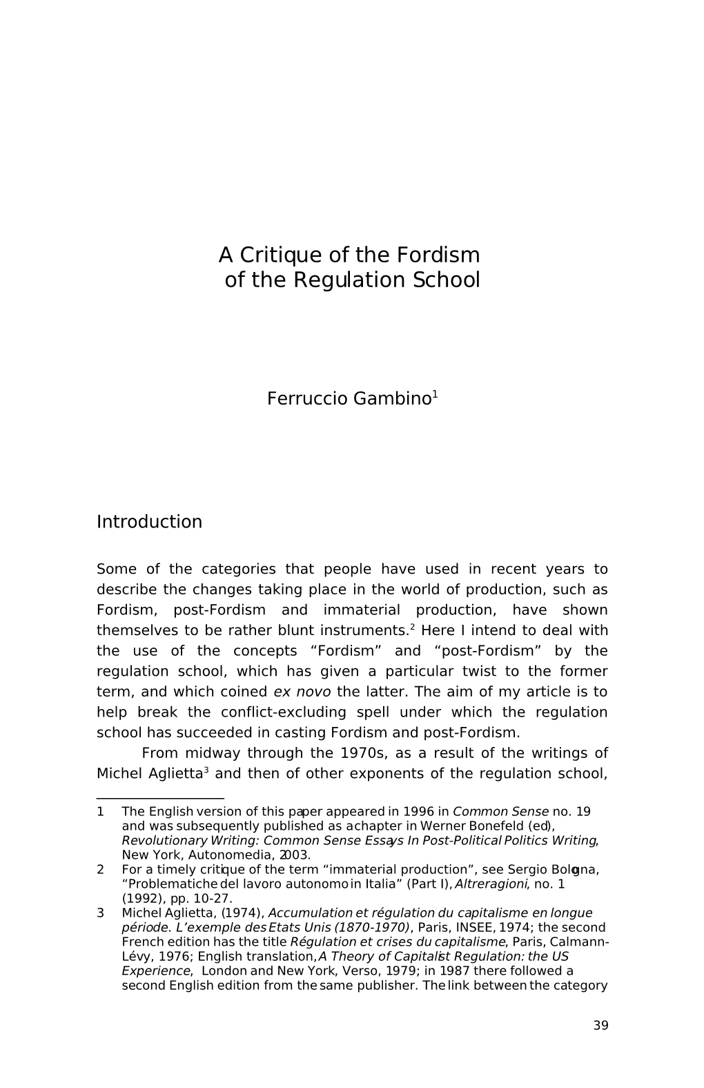 A Critique of the Fordism of the Regulation School