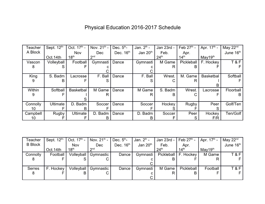 Physical Education 2016-2017 Schedule