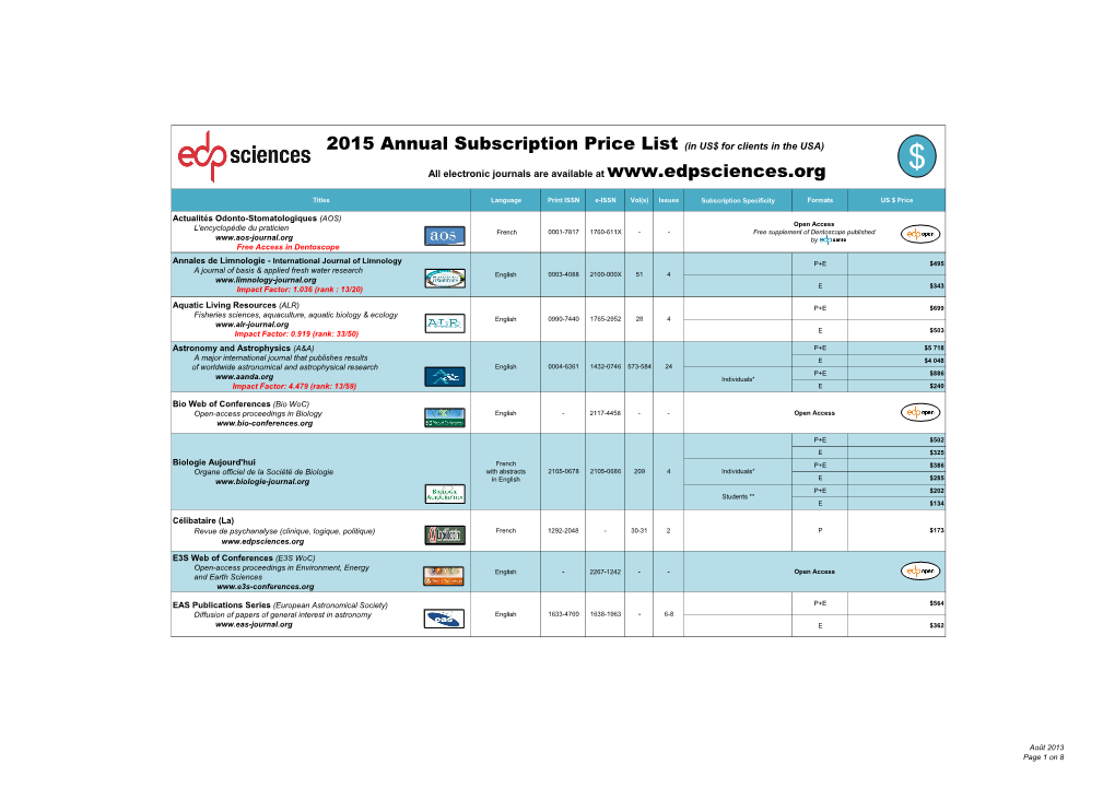 2015 Annual Subscription Price List (In US$ for Clients in the USA) $ All Electronic Journals Are Available At