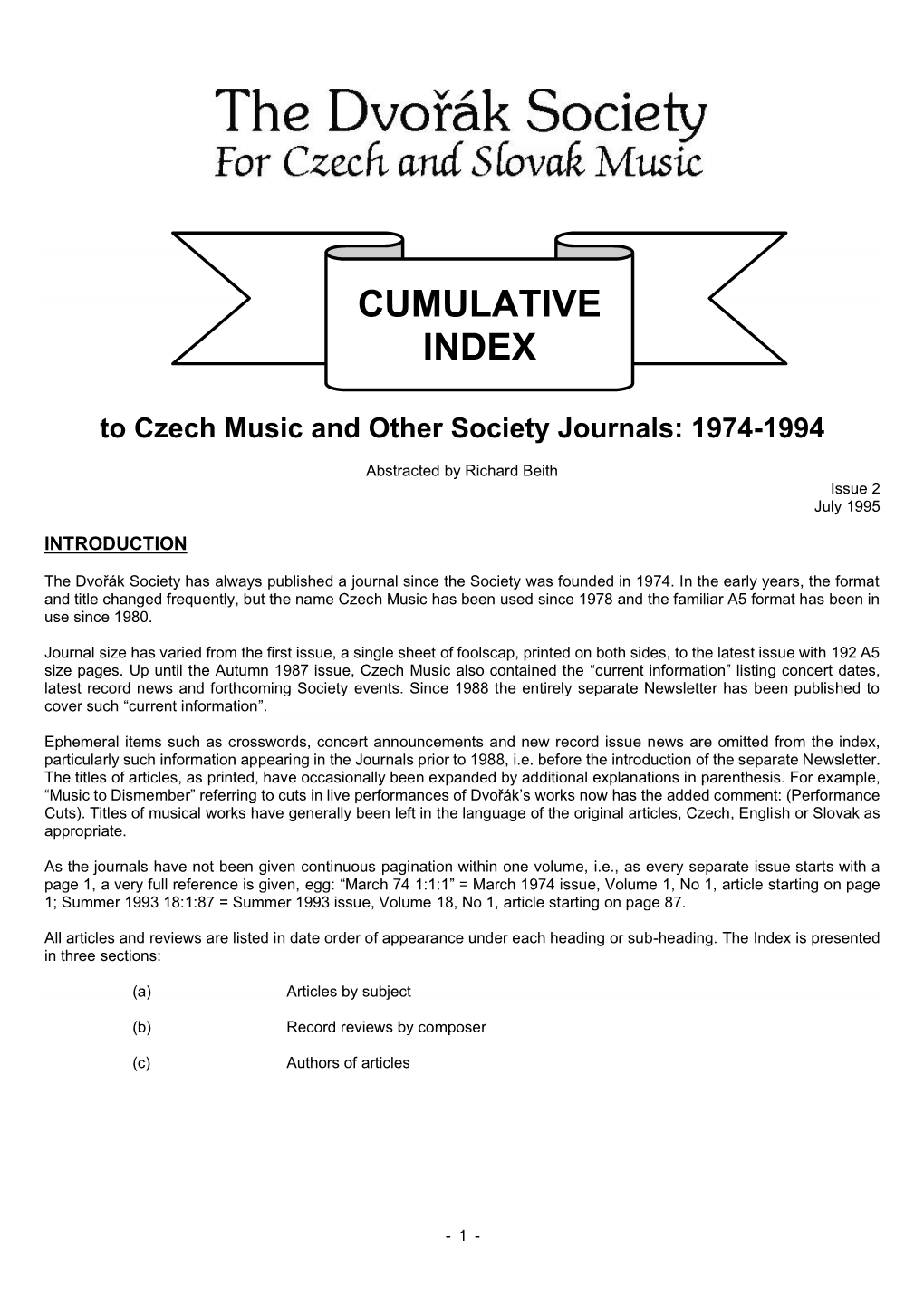 CUMULATIVE INDEX: SECTION (A): ARTICLES