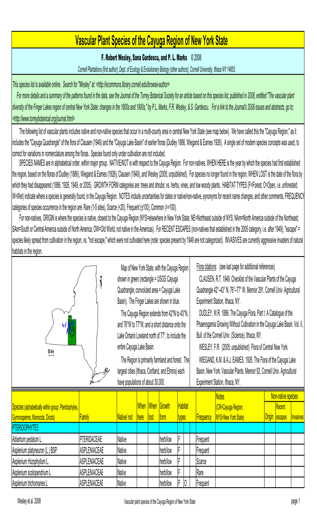 Vascular Plant Species of the Cayuga Region of New York State F