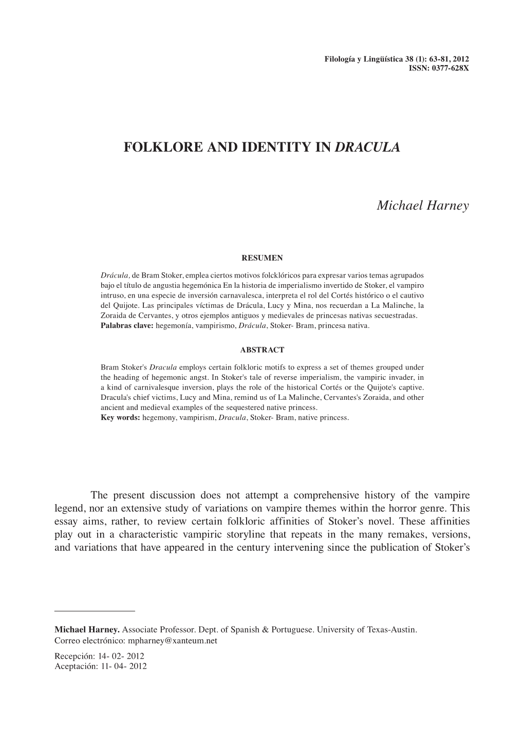 Folklore and Identity in DRACULA Michael Harney