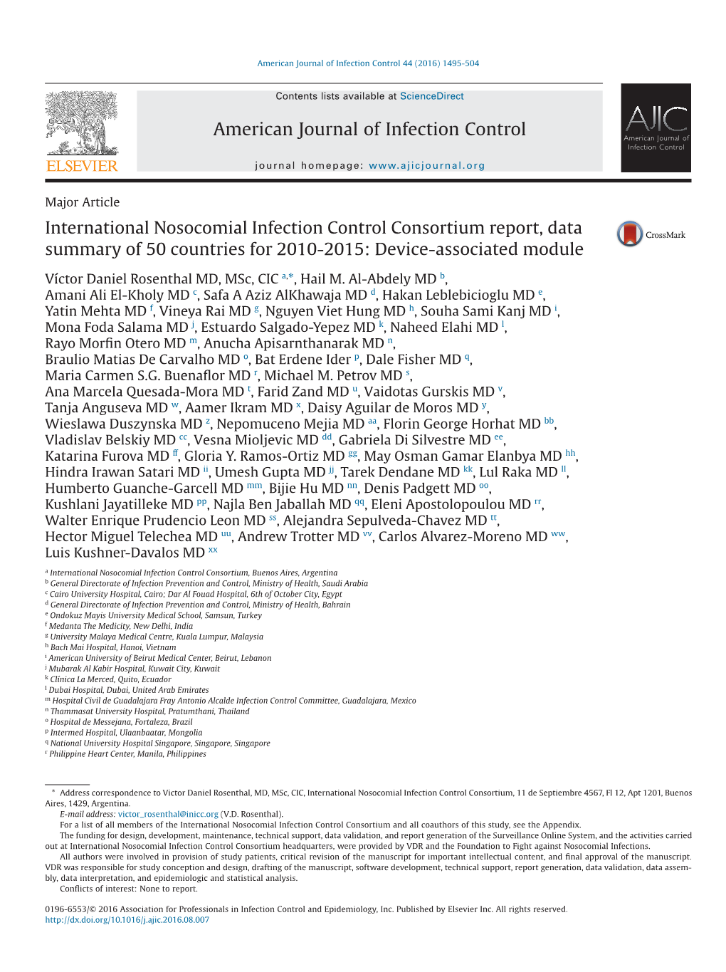 International Nosocomial Infection Control Consortium Report, Data Summary of 50 Countries for 2010-2015: Device-Associated Module