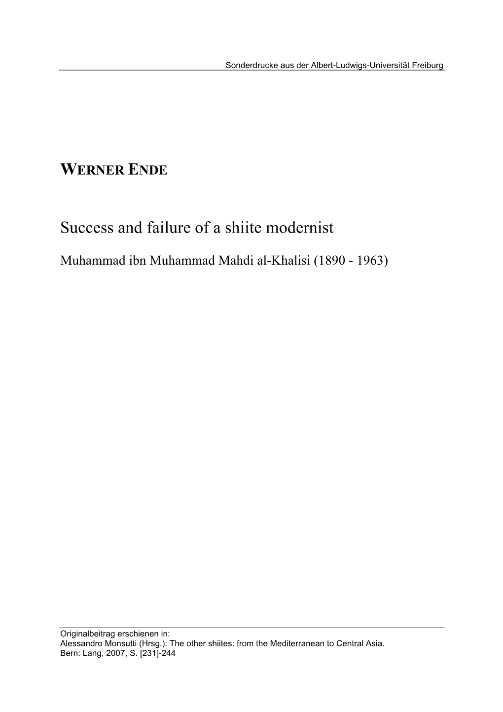 Success and Failure of a Shiite Modernist: Muhammad Ibn Muhammad Mandi Al-Khalisi (1890-1963)