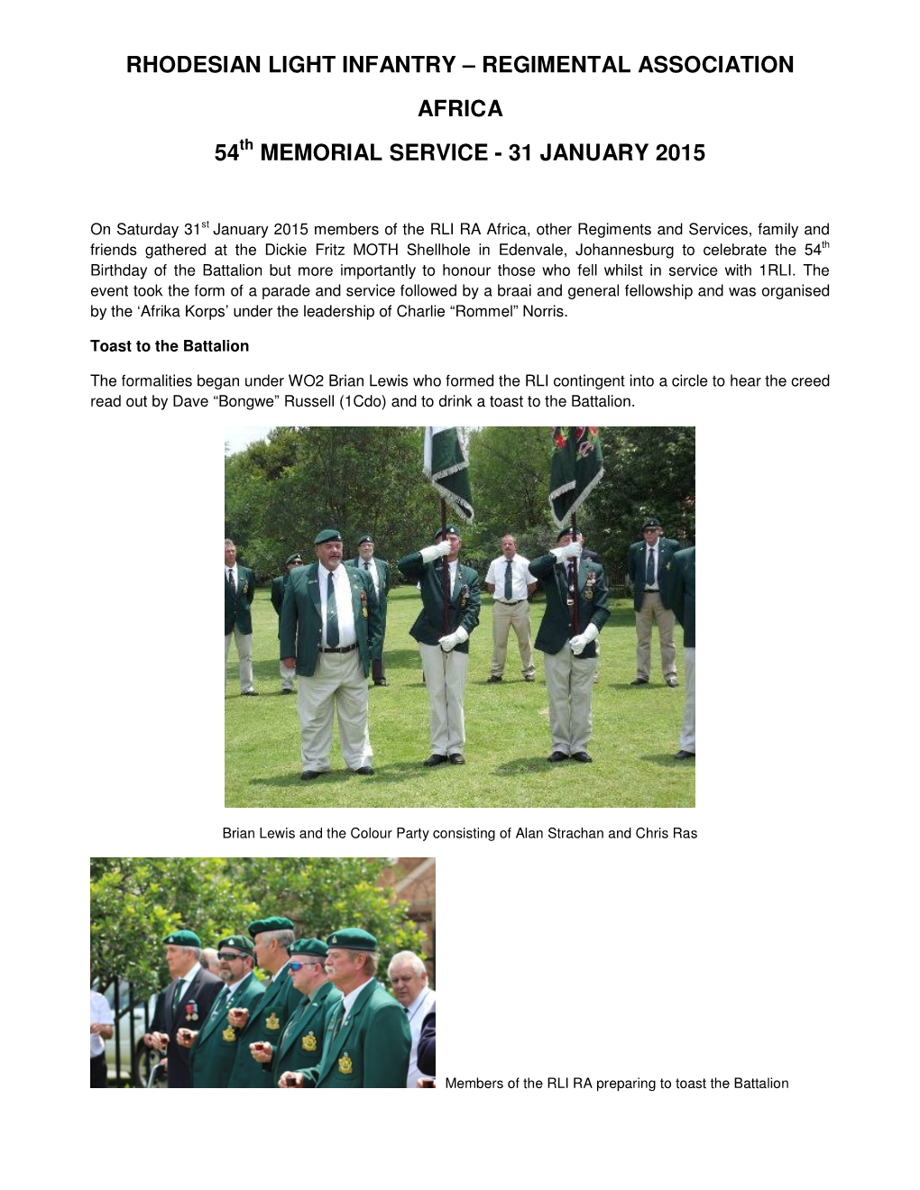 RHODESIAN LIGHT INFANTRY – REGIMENTAL ASSOCIATION AFRICA 54 Th MEMORIAL SERVICE - 31 JANUARY 2015