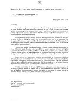 Letter from the Government of Honduras on Actions Taken