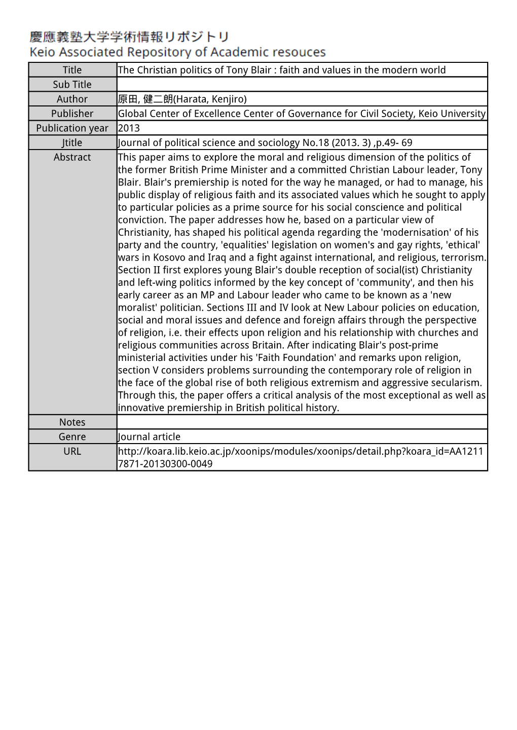 Title the Christian Politics of Tony Blair : Faith and Values in the Modern World Sub Title Author 原田