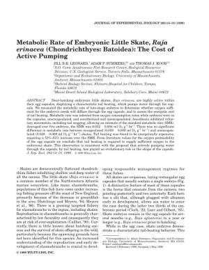 Metabolic Rate of Embryonic Little Skate, Raja Erinacea (Chondrichthyes: Batoidea): the Cost of Active Pumping 1 2 3,4 JILL B.K