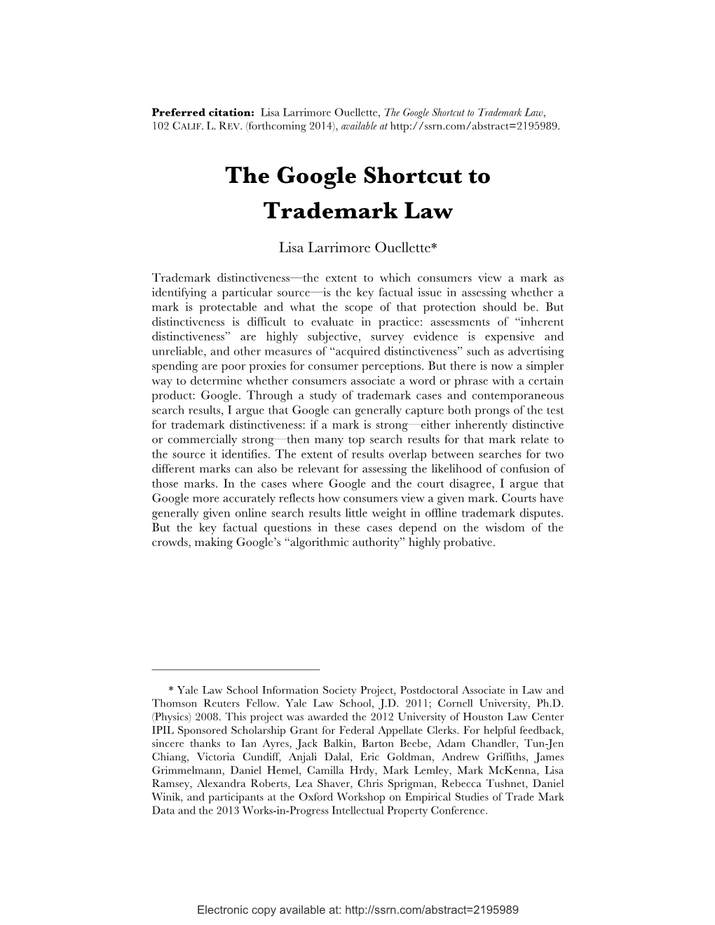 Ouellette, the Google Shortcut to Trademark Law, 102 CALIF