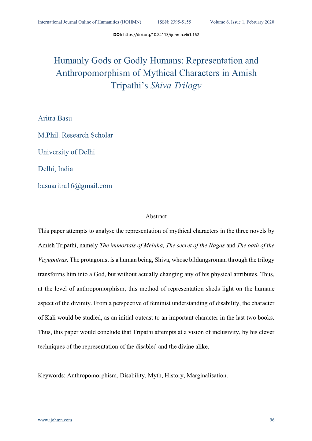Representation and Anthropomorphism of Mythical Characters in Amish Tripathi's Shiva Trilogy