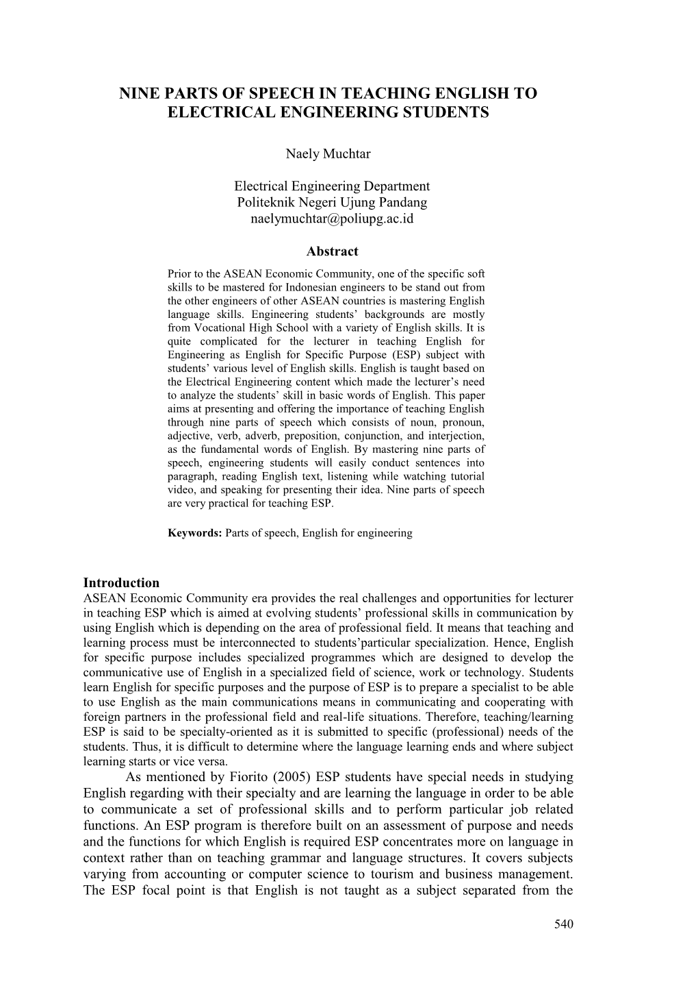 Nine Parts of Speech in Teaching English to Electrical Engineering Students