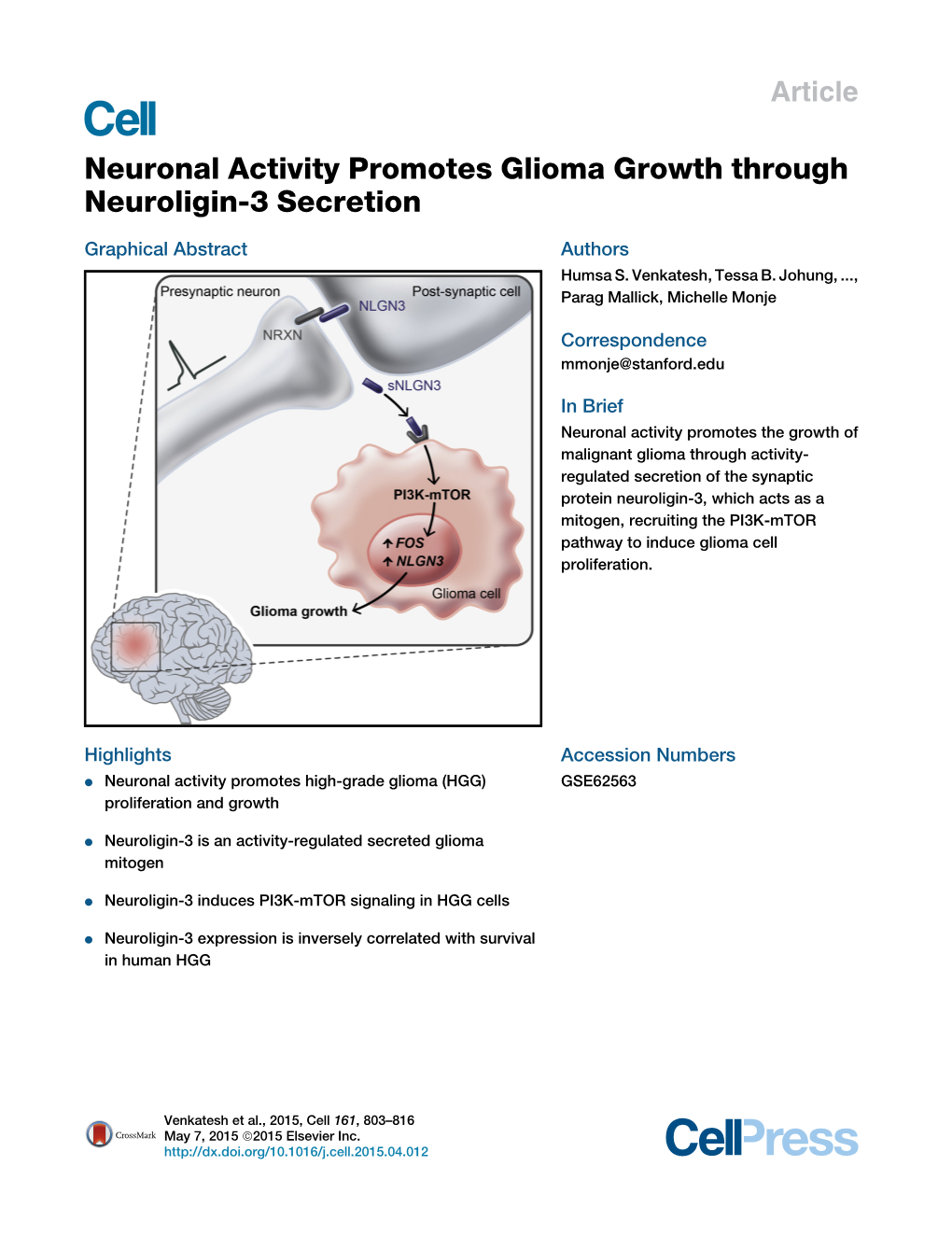 Neuronal Activity Promotes Glioma Growth Through Neuroligin-3 Secretion