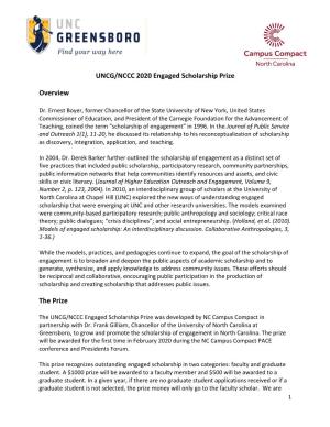 UNCG/NCCC 2020 Engaged Scholarship Prize Overview the Prize
