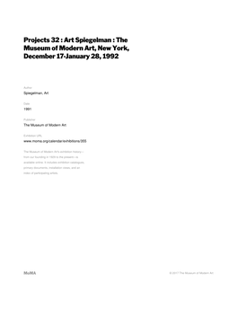 Art Spiegelman : the Museum of Modern Art, New York, December 17-January 28, 1992