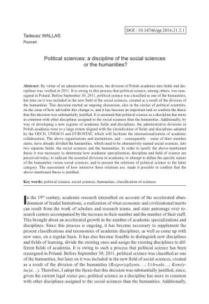 Political Sciences: a Discipline of the Social Sciences Or the Humanities?