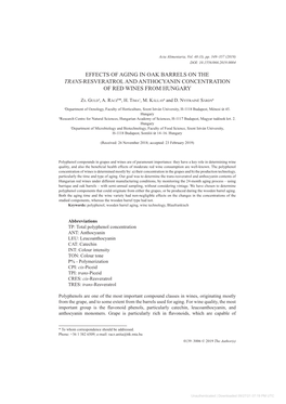 Effects of Aging in Oak Barrels on the Trans-Resveratrol and Anthocyanin Concentration of Red Wines from Hungary