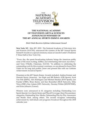 THE NATIONAL ACADEMY of TELEVISION ARTS & SCIENCES ANNOUNCES WINNERS of the 40Th ANNUAL SPORTS EMMY® AWARDS