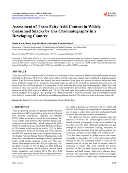 Assessment of Trans Fatty Acid Content in Widely Consumed Snacks by Gas Chromatography in a Developing Country