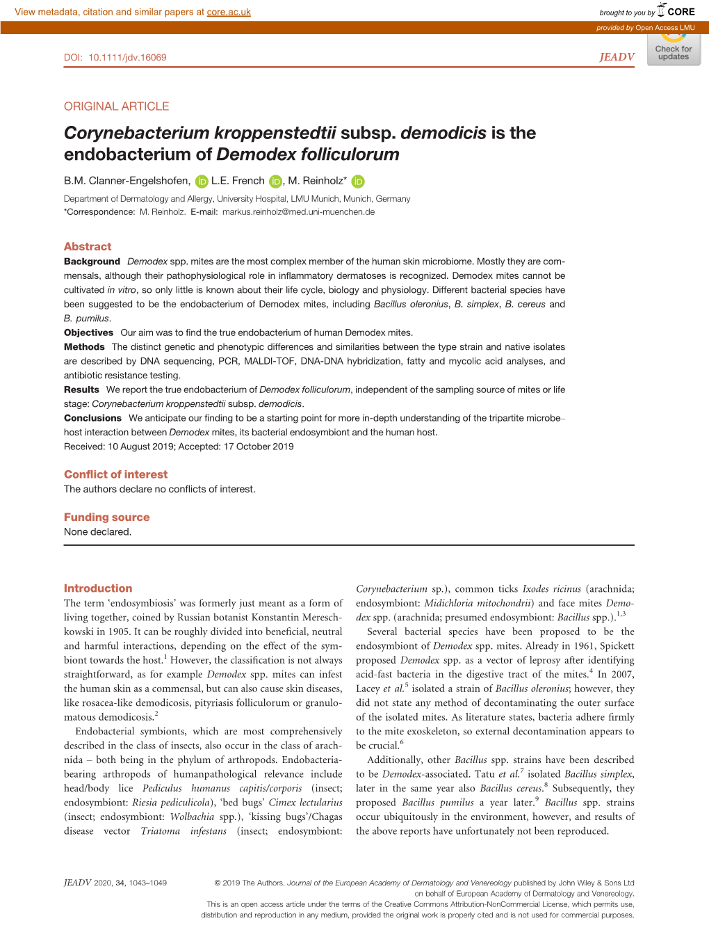 Corynebacterium Kroppenstedtii Subsp. Demodicis Is the Endobacterium of ...