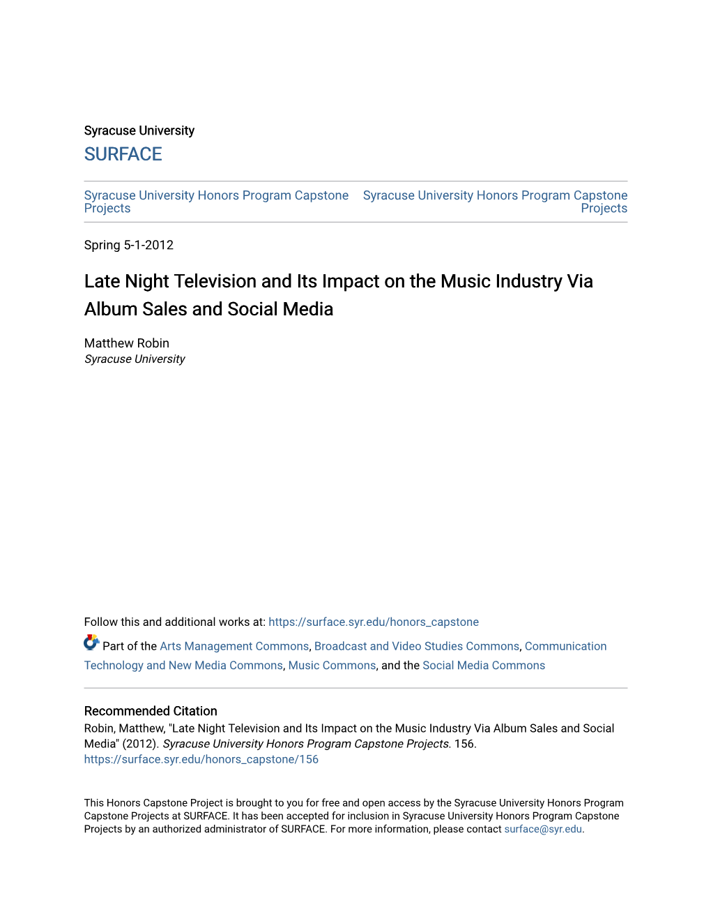 Late Night Television and Its Impact on the Music Industry Via Album Sales and Social Media