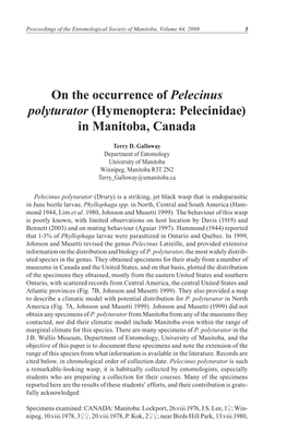 On the Occurrence of Pelecinus Polyturator (Hymenoptera: Pelecinidae) in Manitoba, Canada
