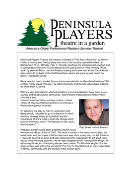 Peninsula Players Theatre Will Present a Reading of "The Trip to Bountiful