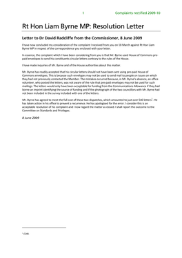 Rt Hon Liam Byrne MP: Resolution Letter