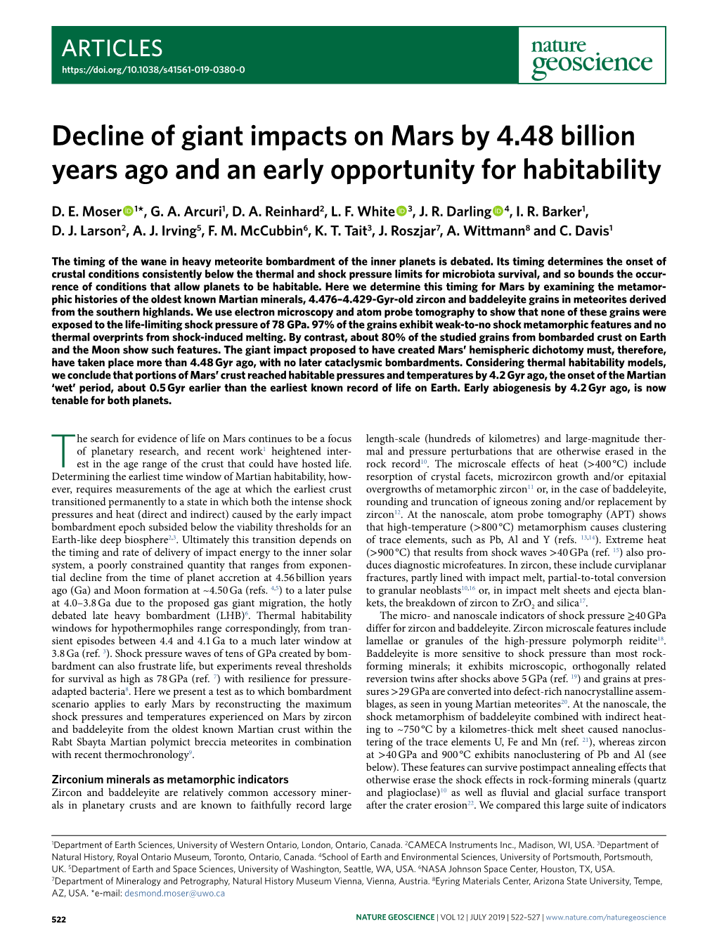 Decline of Giant Impacts on Mars by 4.48 Billion Years Ago and an Early Opportunity for Habitability