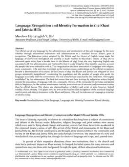 Language Recognition and Identity Formation in the Khasi and Jaintia Hills