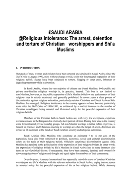 SAUDI ARABIA @Religious Intolerance: the Arrest, Detention and Torture of Christian Worshippers and Shi'a Muslims