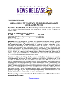 Vikings Agree to Terms with Cb Mackensie Alexander and S Xavier Woods