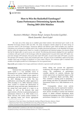 How to Win the Basketball Euroleague? Game Performance Determining Sports Results During 2003–2016 Matches