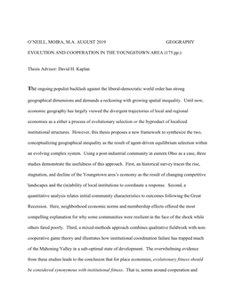 O'neill, MOIRA, MA AUGUST 2019 GEOGRAPHY EVOLUTION and COOPERATION in the YOUNGSTOWN AREA (175 Pp.)