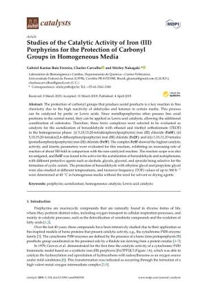 Studies of the Catalytic Activity of Iron (III) Porphyrins for the Protection of Carbonyl Groups in Homogeneous Media