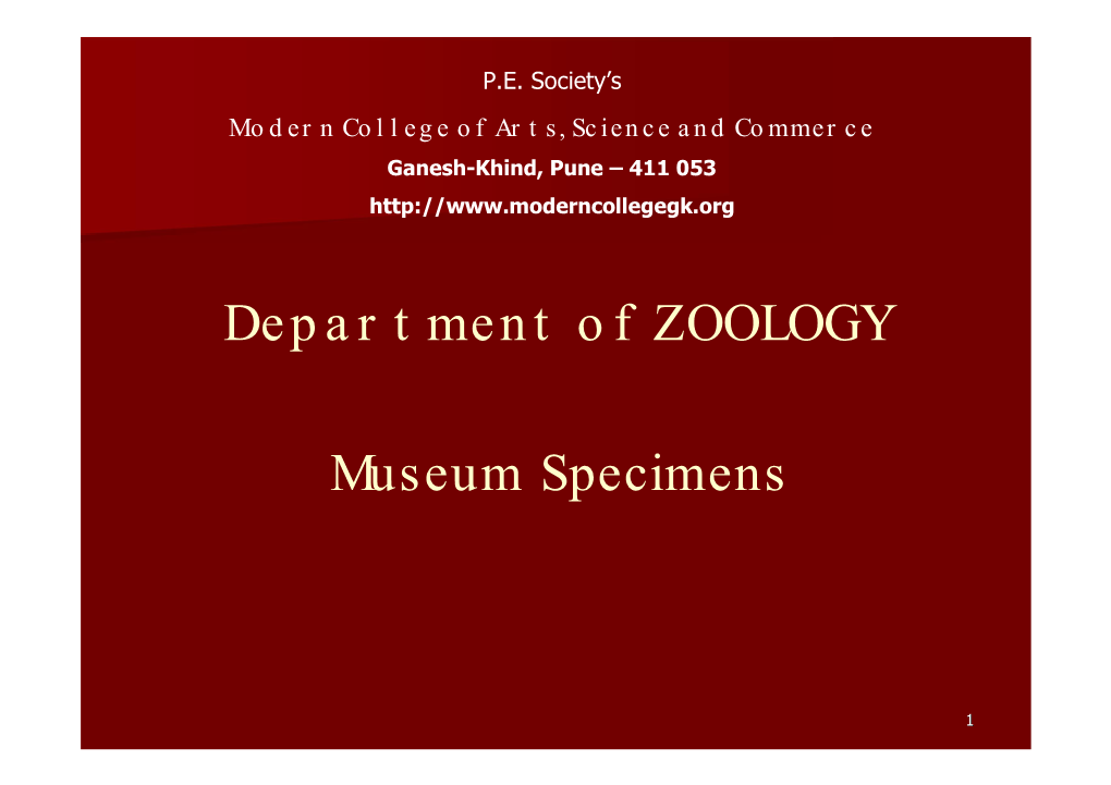 Department of ZOOLOGY Museum Specimens