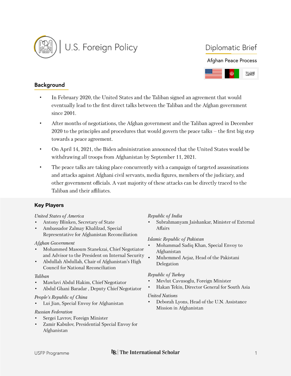 ITS | USFP Afghan Peace Process Diplomatic Brief