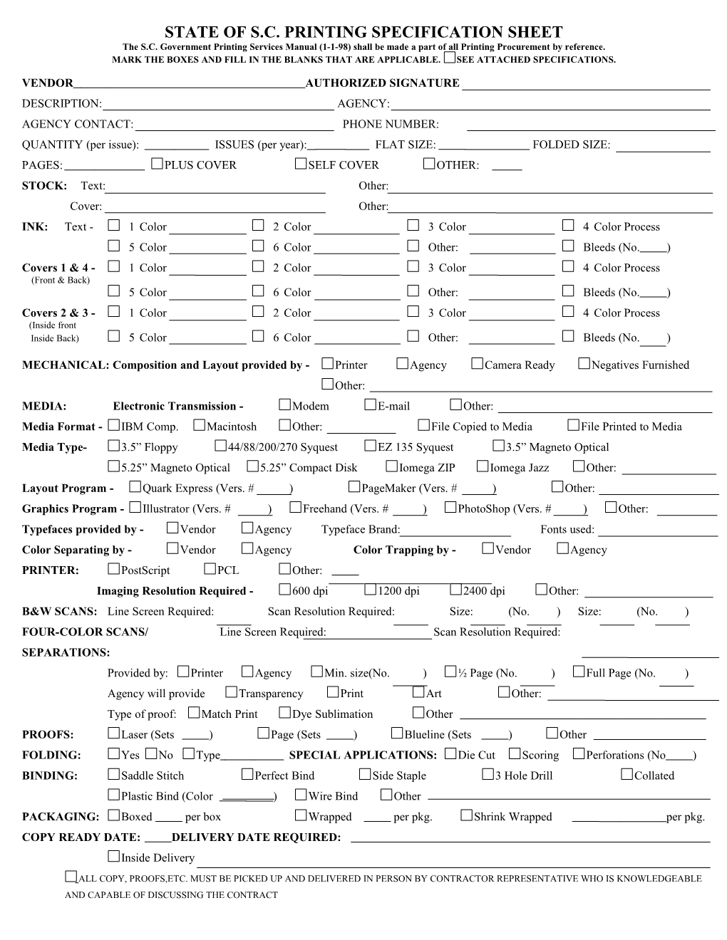 State of S.C. Printing Specification Sheet