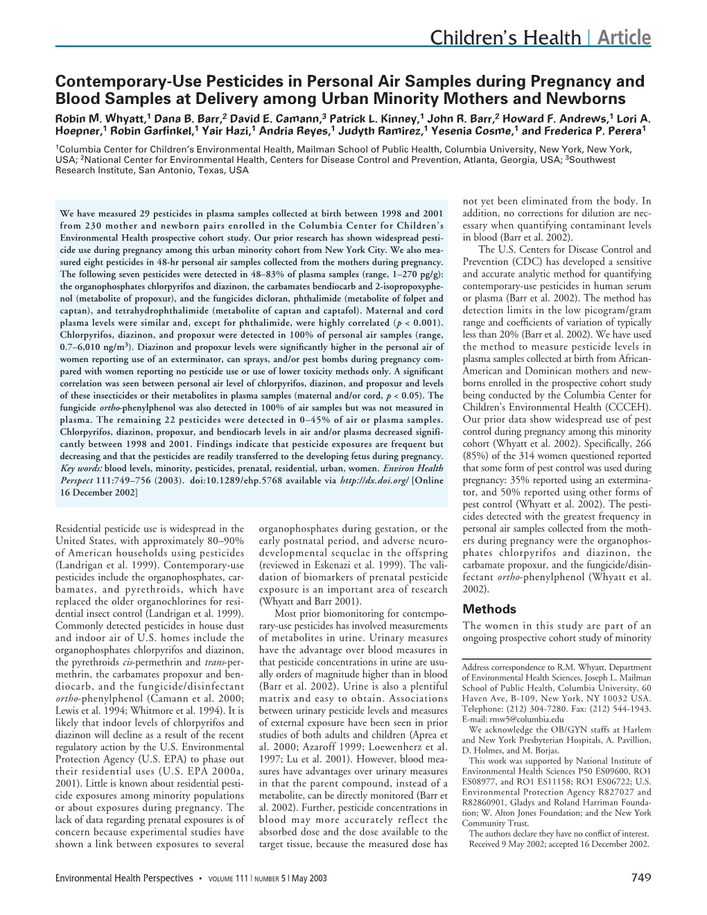 Contemporary-Use Pesticides in Personal Air Samples During Pregnancy and Blood Samples at Delivery Among Urban Minority Mothers and Newborns Robin M