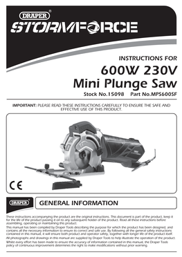 600W 230V Mini Plunge Saw Stock No.15098 Part No.MPS600SF