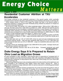 Residential Customer Attrition at TXU Accelerates Duke Energy Says It Is