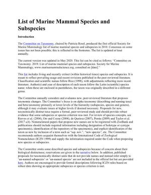 List of Marine Mammal Species and Subspecies