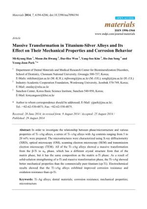 Massive Transformation in Titanium-Silver Alloys and Its Effect on Their Mechanical Properties and Corrosion Behavior