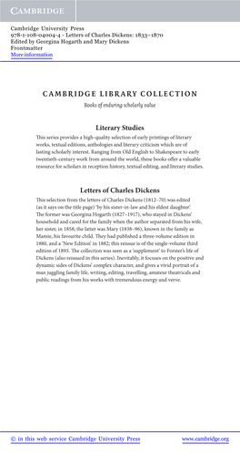 Letters of Charles Dickens: 1833–1870 Edited by Georgina Hogarth and Mary Dickens Frontmatter More Information
