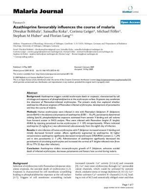 Azathioprine Favourably Influences the Course of Malaria Diwakar Bobbala1, Saisudha Koka1, Corinna Geiger1, Michael Föller1, Stephan M Huber2 and Florian Lang*1