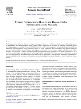 Systems Approaches to Biology and Disease Enable Translational Systems Medicine